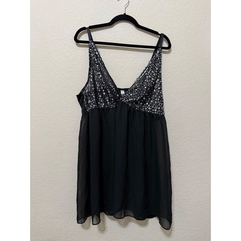 Cacique Black Silver Lingerie Chemise Babydoll Sleepwear Plus Size 26/28‎